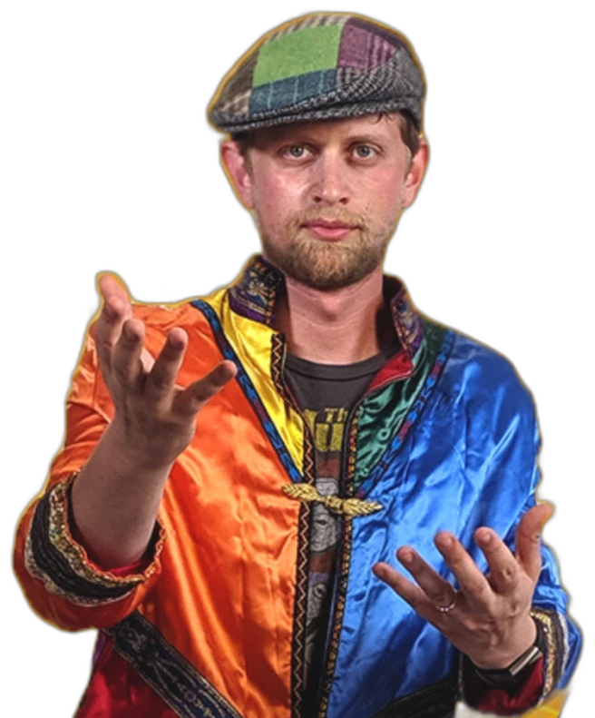 Josh in the Analyrical patchwork jacket and cap, mid wizard hands