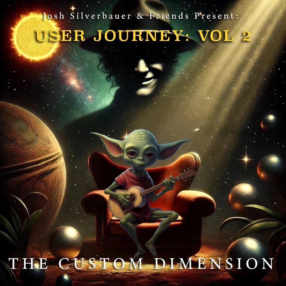 User Journey Vol 2 The Custom Dimension album cover: Cookie in an armchair with a guitar among the planets