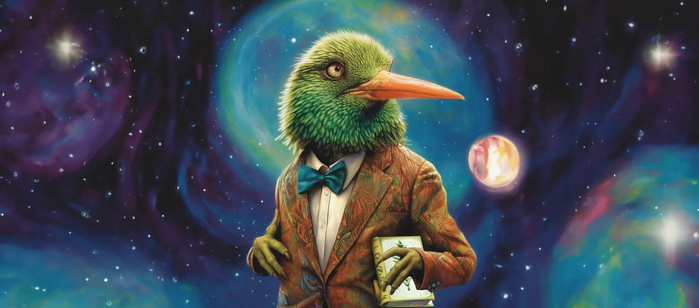 Professor Piwiky the kiwi bird in a bow tie among the stars
