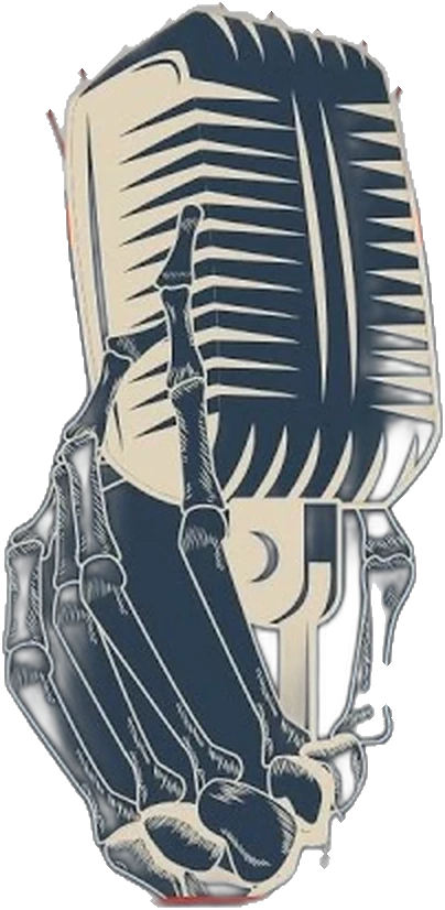 Skeleton hand gripping a vintage microphone, from the MeasureSummit Delight artwork