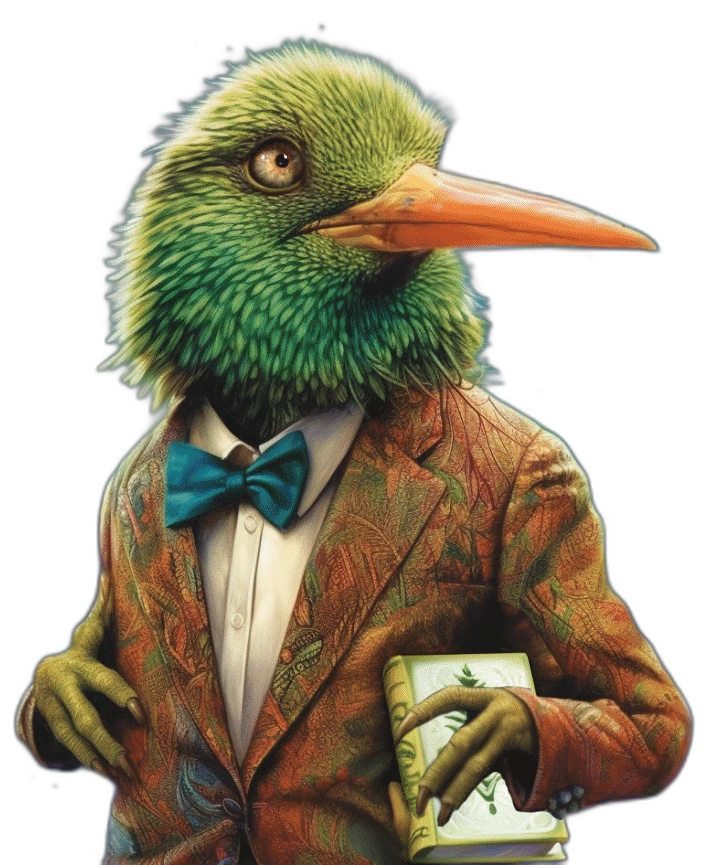 Professor Piwiky the kiwi bird in his paisley suit