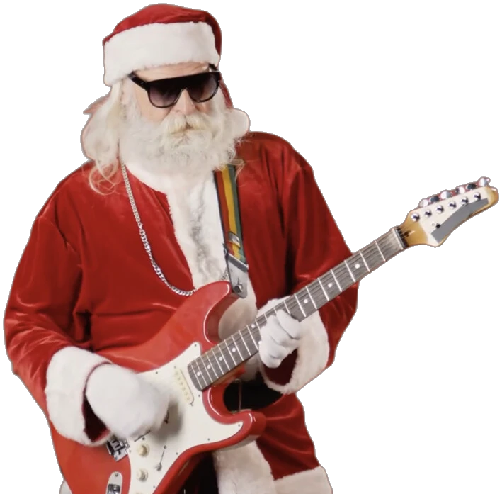 Santa in sunglasses shredding a red electric guitar