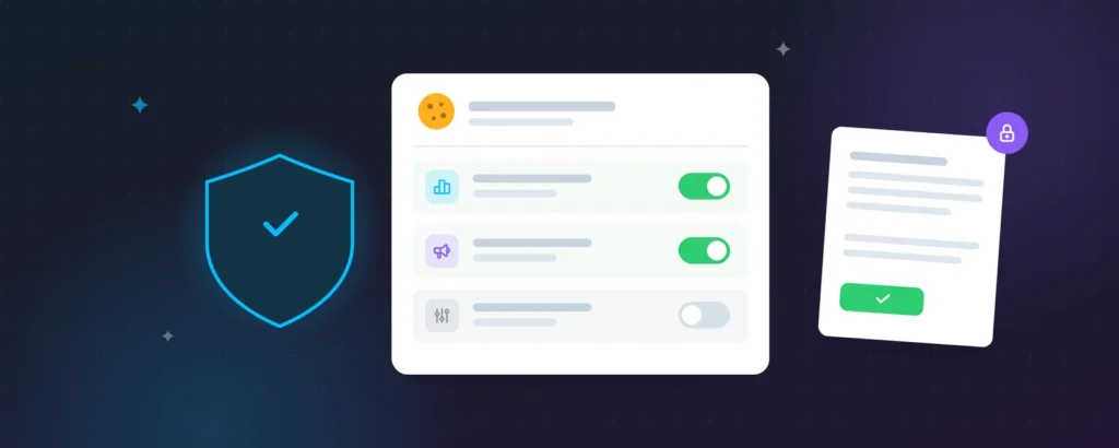 Illustrated consent preference center with toggles and a privacy shield
