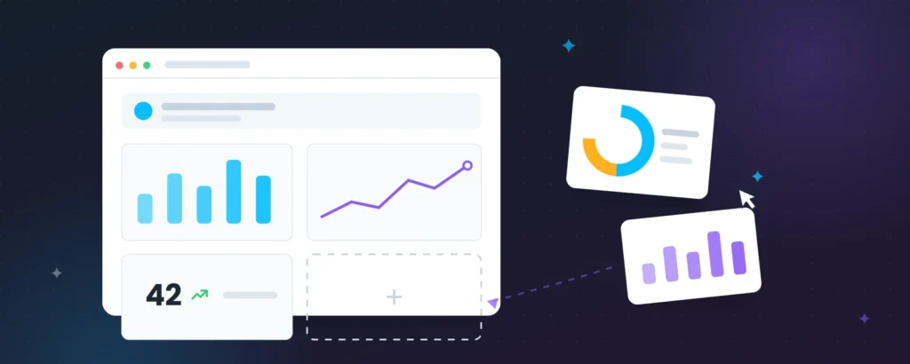Illustrated report builder with chart tiles being assembled into a dashboard