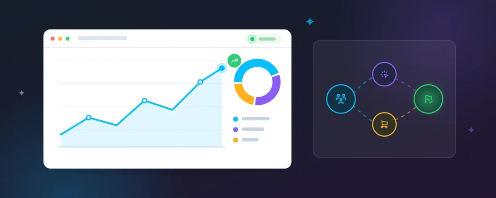 Illustrated analytics dashboard with rising trend line, donut chart and user journey map