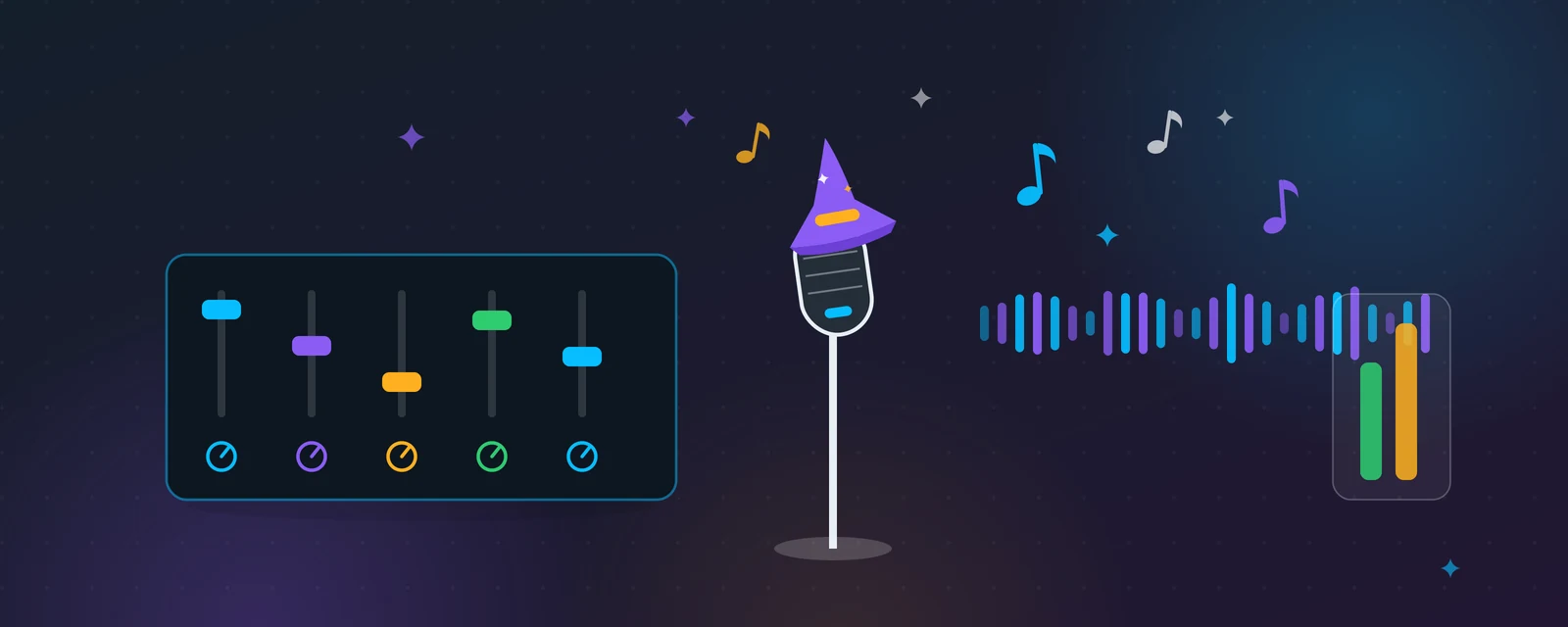 Illustrated recording studio with mixing board, microphone in a wizard hat and music notes