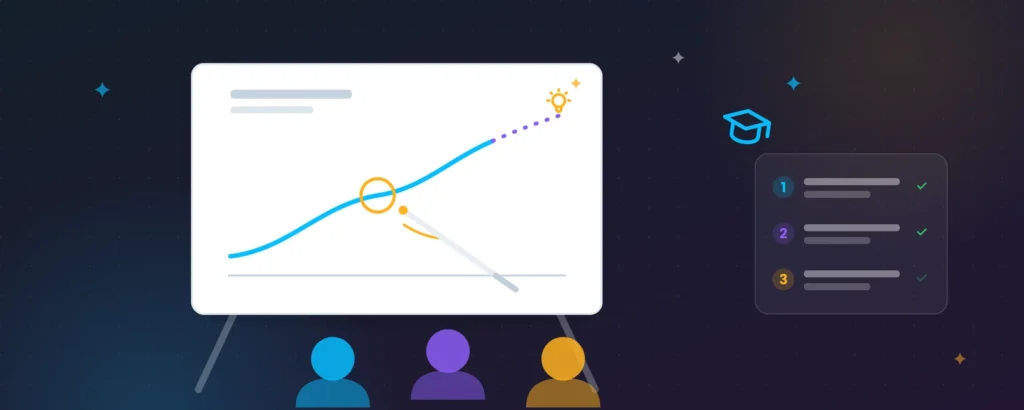 Illustrated whiteboard training session with a chart, pointer and audience