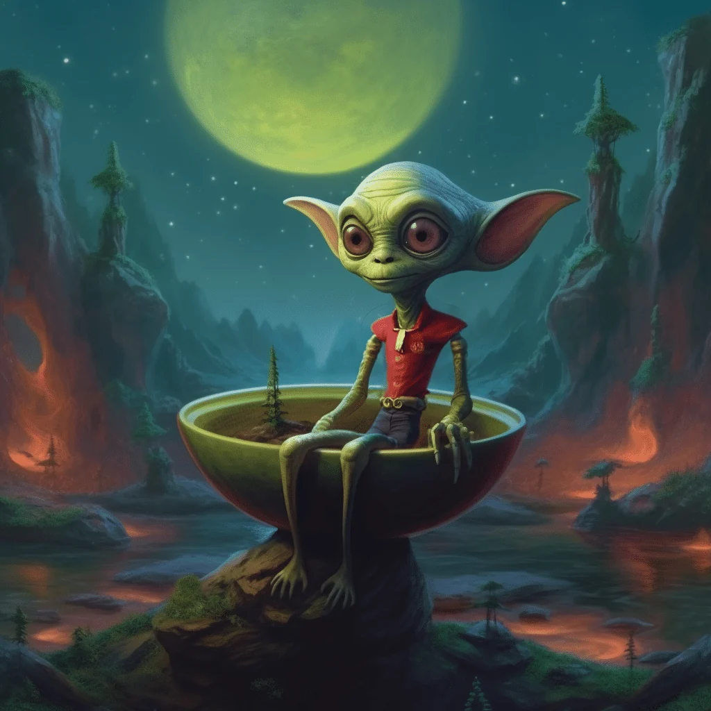 Cookie the little green alien sitting in his bowl under a green moon