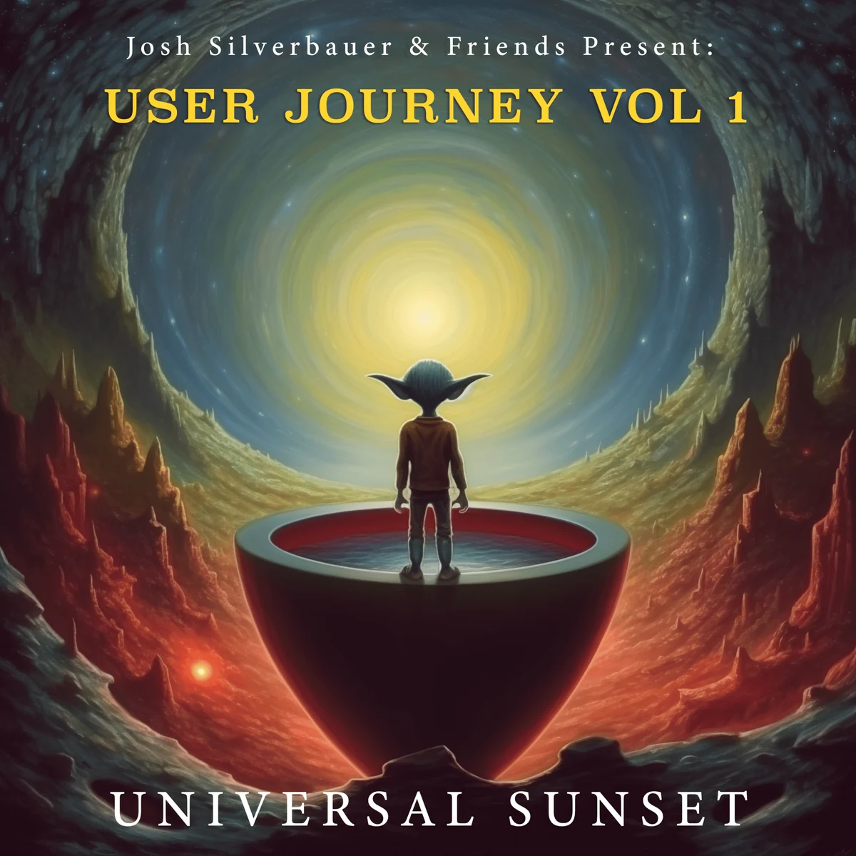 User Journey Vol 1 Universal Sunset album cover: Cookie stands before a glowing cosmic sunset