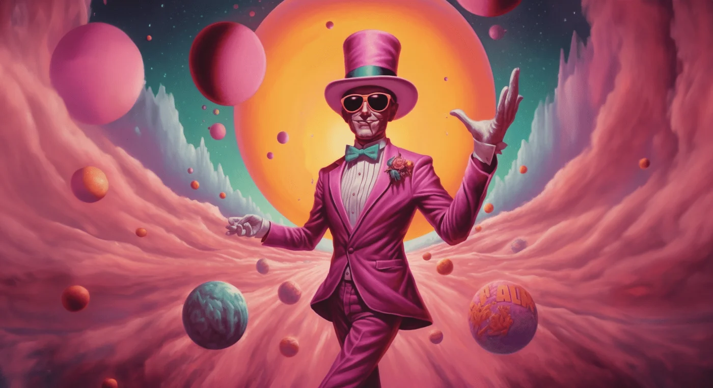 The Great Tag Magician in his pink suit and top hat among the planets
