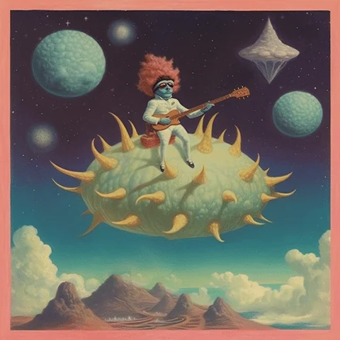 Cookie riding the Space Urchin with a guitar