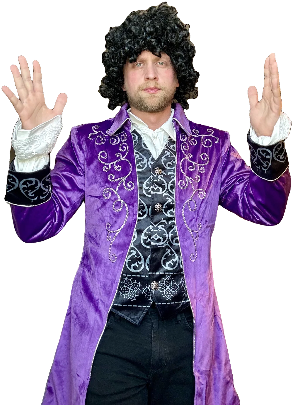 Josh Silverbauer performing at Marketing Analytics Summit in a purple Prince costume, hands raised